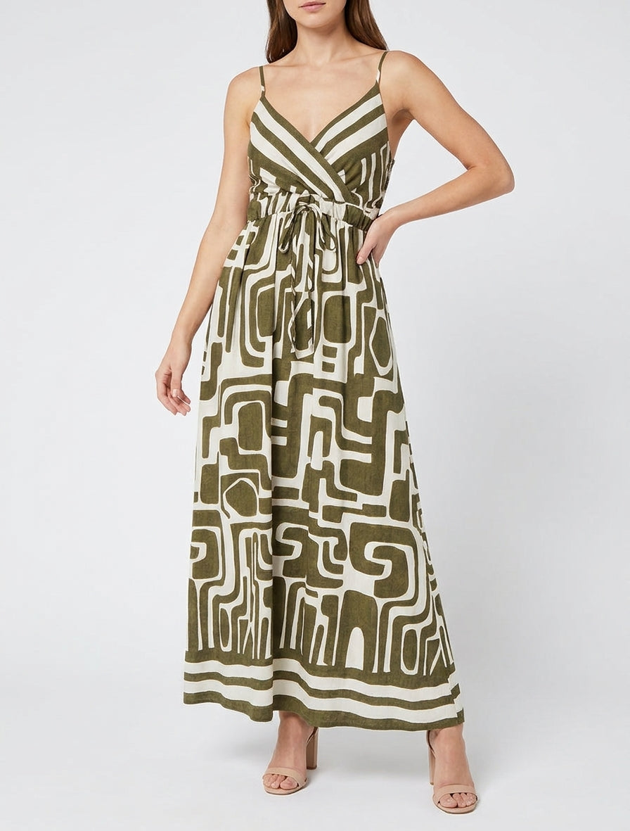 Robe longue imprimé graphique - Kaki