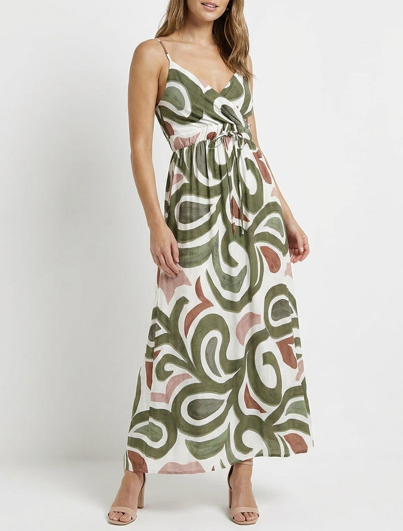 Robe longue imprimé fantaisie - Kaki