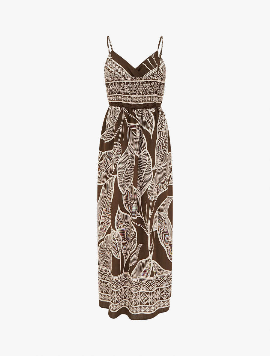 Robe longue imprimé feuilles stylisées - Marron - 2
