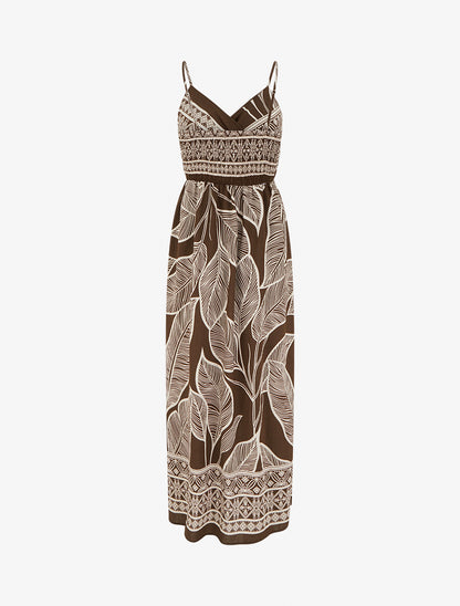Robe longue imprimé feuilles stylisées - Marron - 2