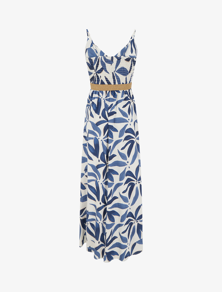 Robe longue évasée imprimé végétal - Marine - 2