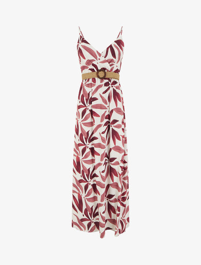 Robe longue évasée imprimé végétal - Vieux rose - 1