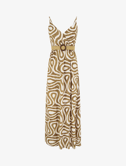 Robe longue évasée imprimé courbes fantaisies - Marron - 1