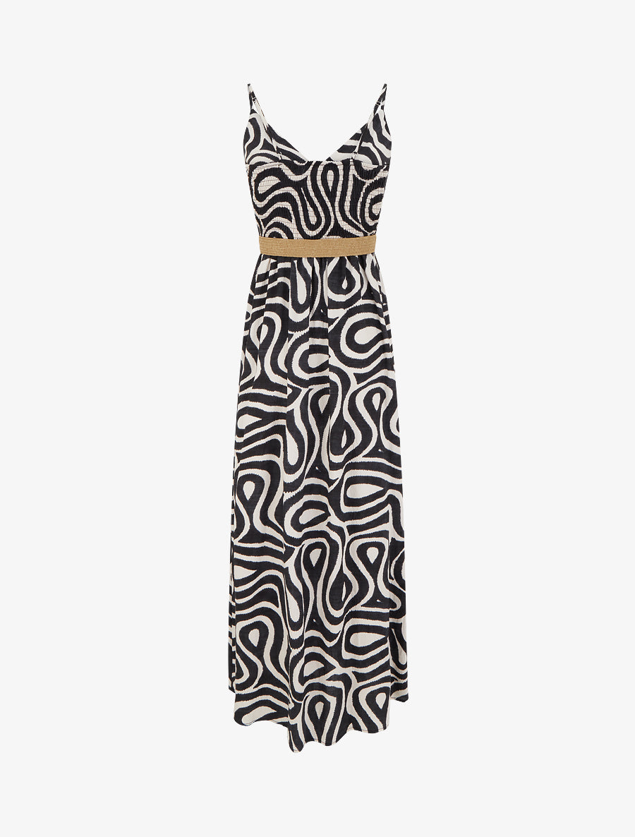 Robe longue évasée imprimé courbes fantaisies - Noir - 2