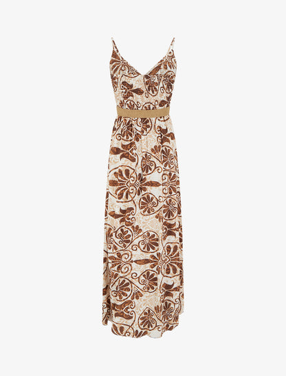 Robe longue évasée imprimé arabesques stylisés - Marron - 2