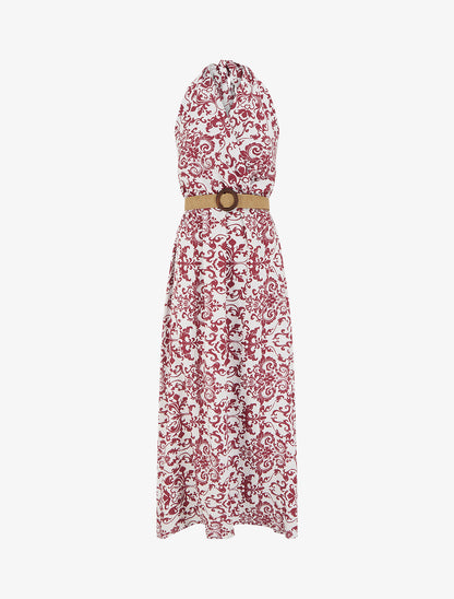 Robe longue dos nu à imprimé arabesque - Bordeaux - 1