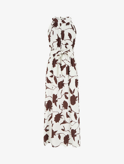 Robe longue élastiquée imprimé floral - Marron - 1