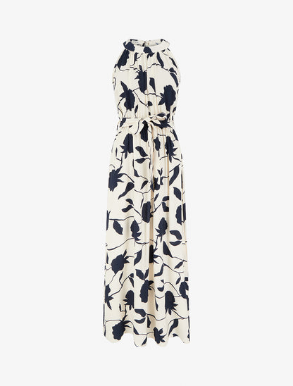 Robe longue élastiquée imprimé floral - Marine - 1
