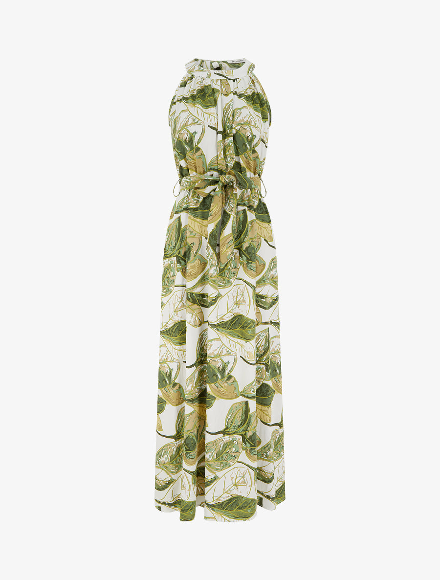 Robe longue élastiquée imprimé feuillage - Kaki - 1