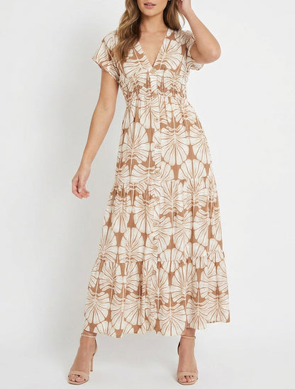 Robe longue manches courtes imprimé grandes feuilles - Camel
