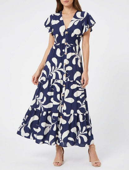 Robe longue manches courtes imprimé plantes stylisées - Marine
