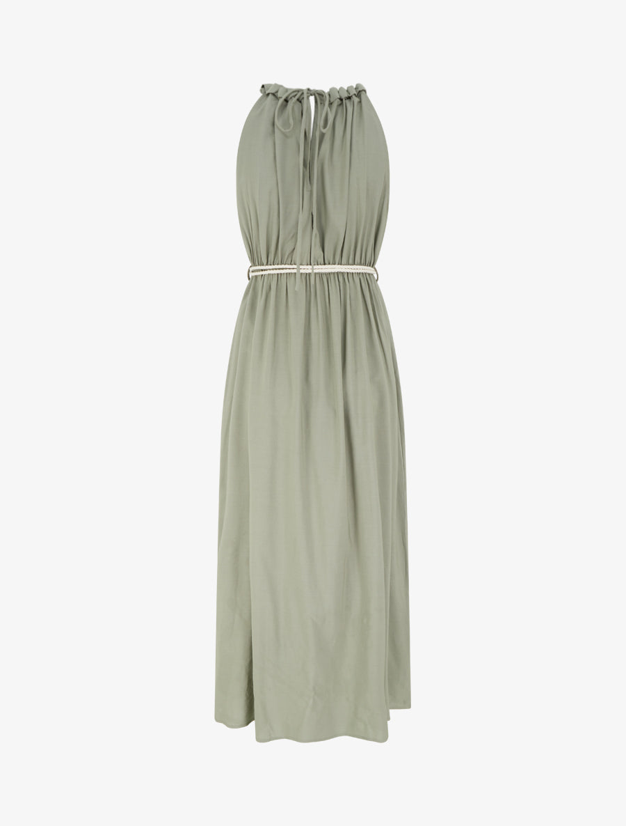 Robe longue unie à col rond stylisé - Kaki - 2