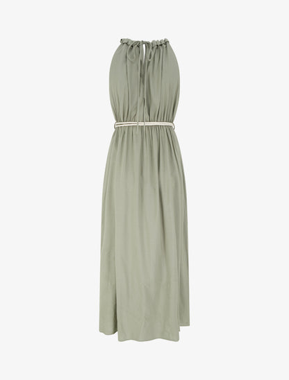 Robe longue unie à col rond stylisé - Kaki - 2