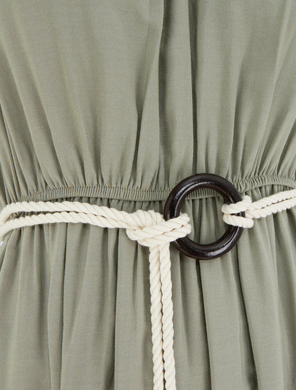Robe longue unie à col rond stylisé - Kaki - 3