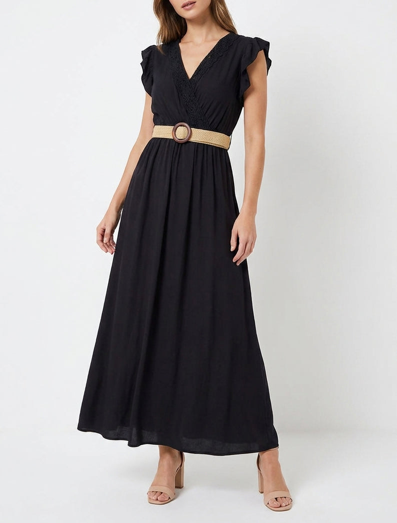 Robe longue unie à col cache-coeur - Noir