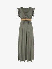 Robe longue unie à col cache-coeur - Kaki - 1