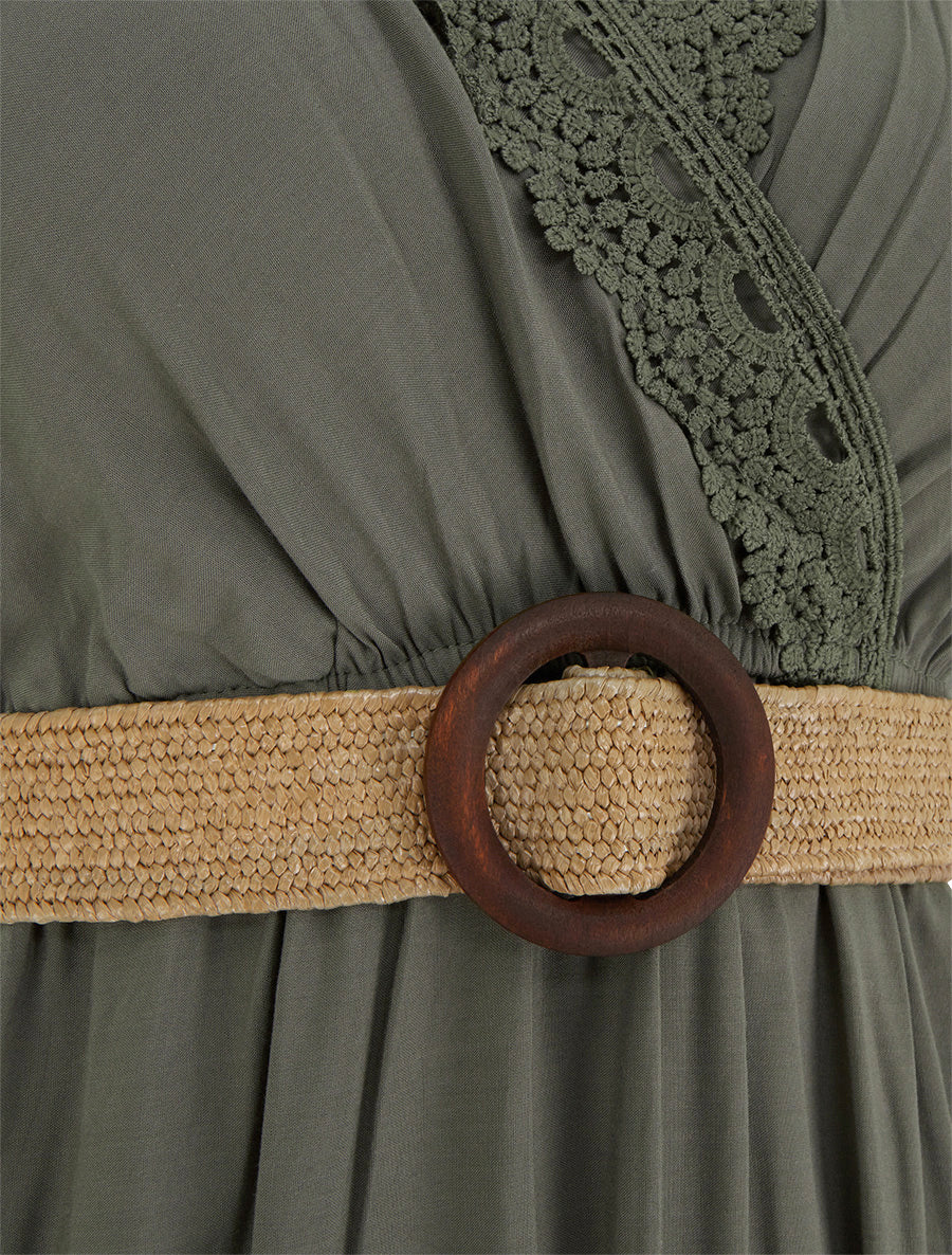 Robe longue unie à col cache-coeur - Kaki - 3