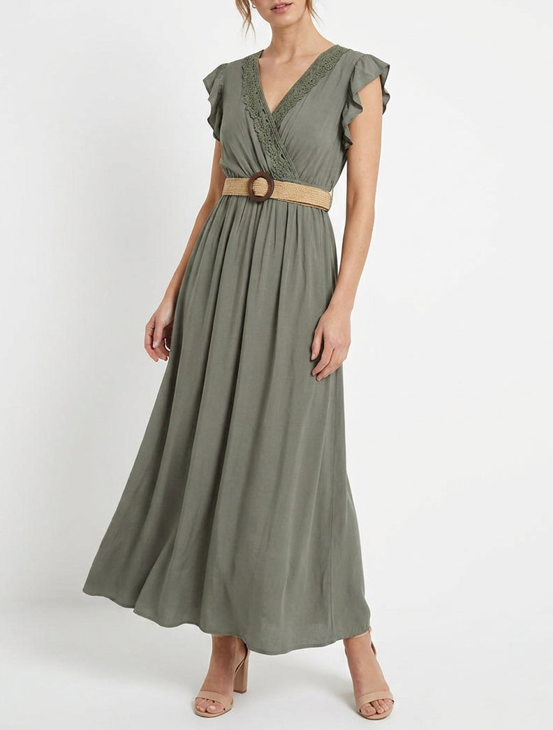 Robe longue unie à col cache-coeur - Kaki