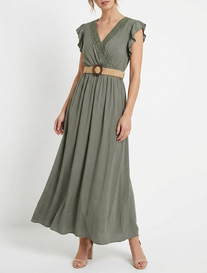 Robe longue unie à col cache-coeur - Kaki