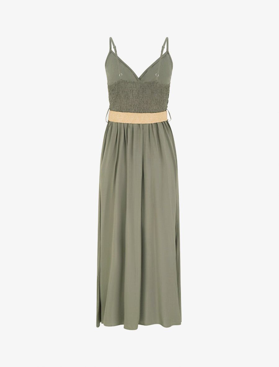 Robe longue unie à buste en dentelle - Kaki - 2