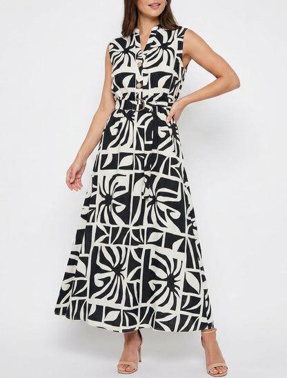 Robe longue imprimé stylisé à boutons décoratifs - Noir