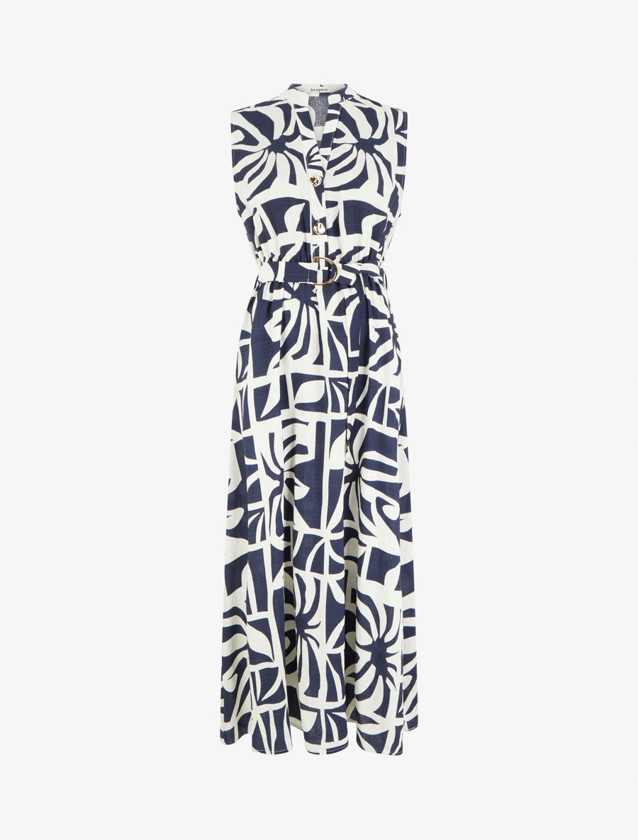 Robe longue imprimé stylisé à boutons décoratifs - Marine - 1