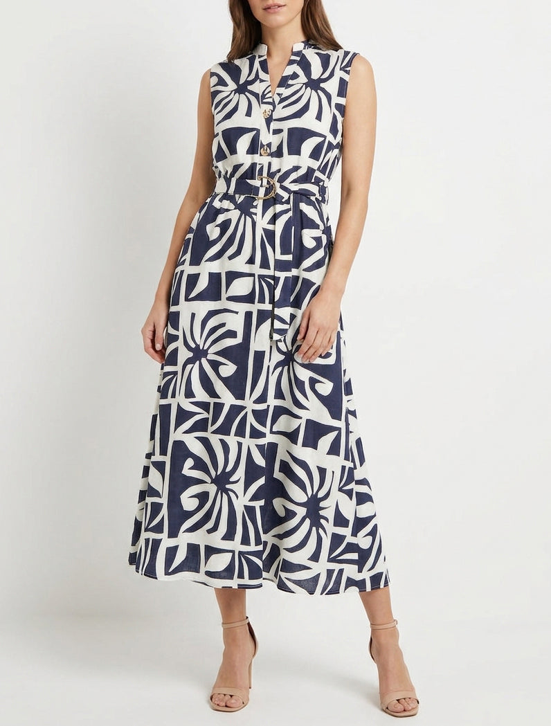 Lange jurk met gestileerde print en decoratieve knopen - Marine