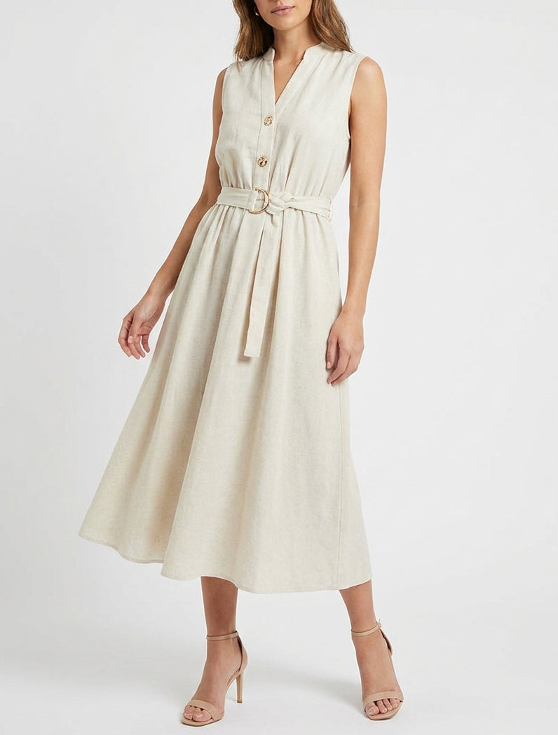 Robe longue unie effet lin - Beige
