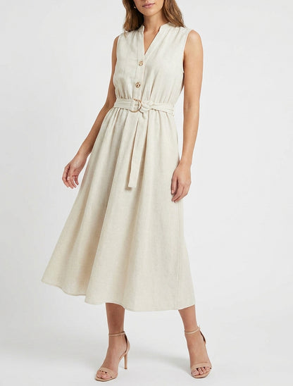 Robe longue unie effet lin - Beige