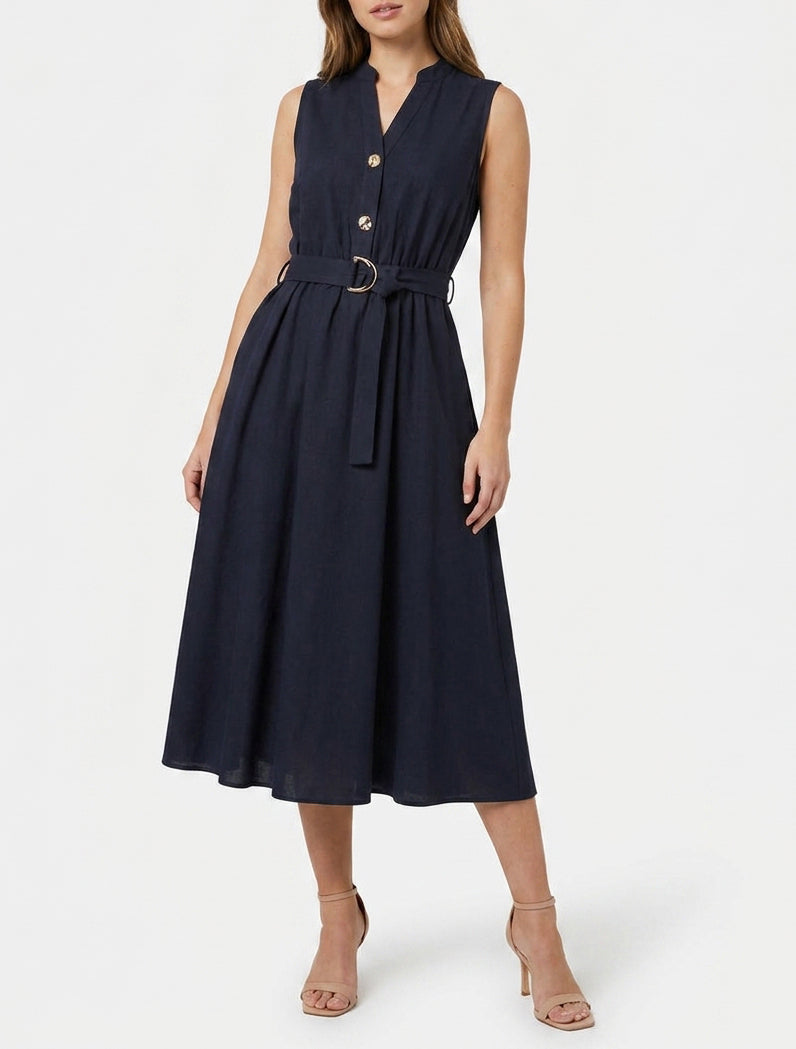 Robe longue unie effet lin - Marine