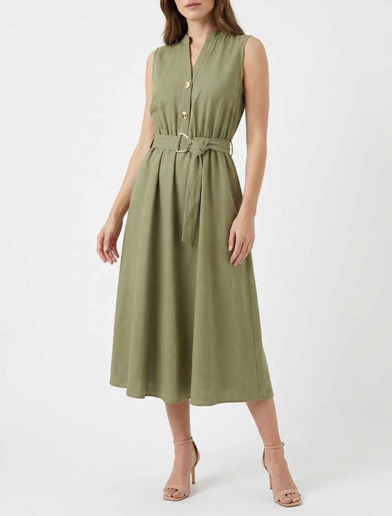Robe longue unie effet lin - Kaki