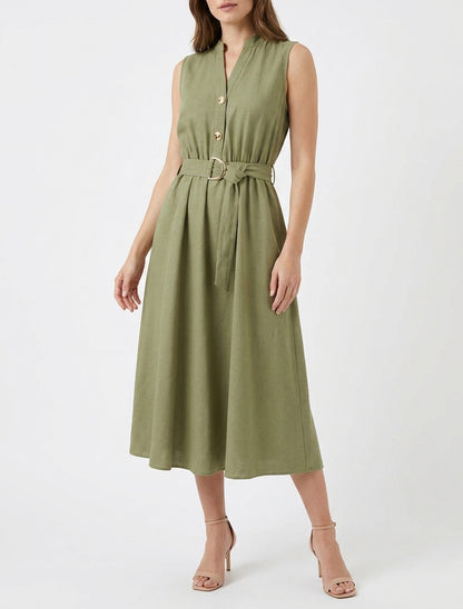 Robe longue unie effet lin - Kaki