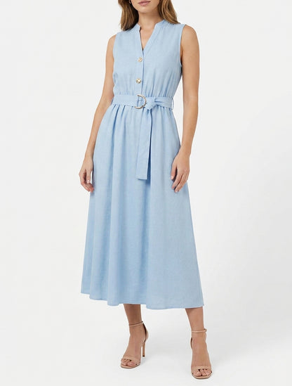 Robe longue unie effet lin - Bleu ciel