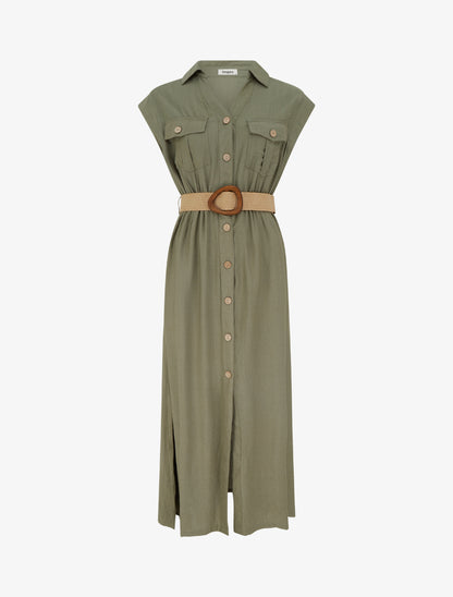 Robe longue unie boutonnée - Kaki - 1