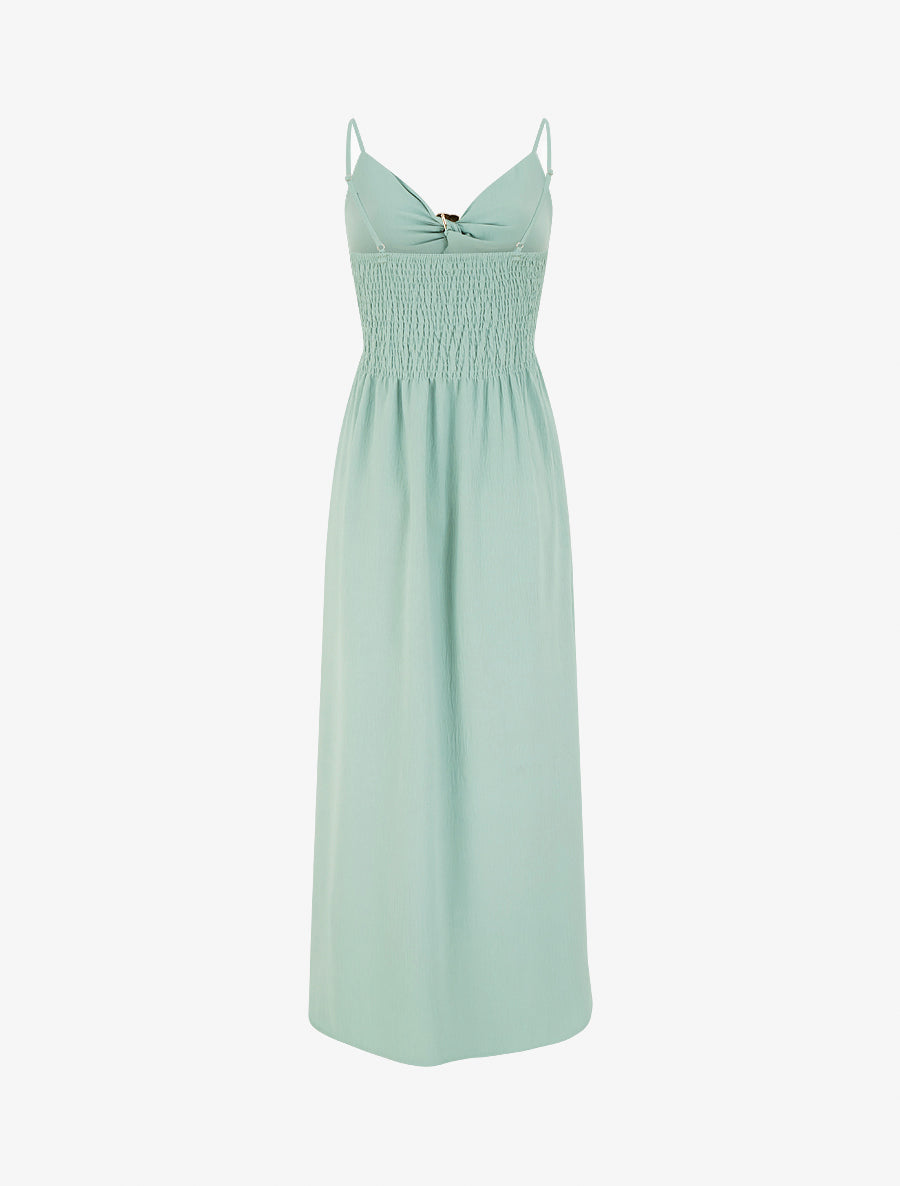 Robe longue unie à col V bijou - Vert d&