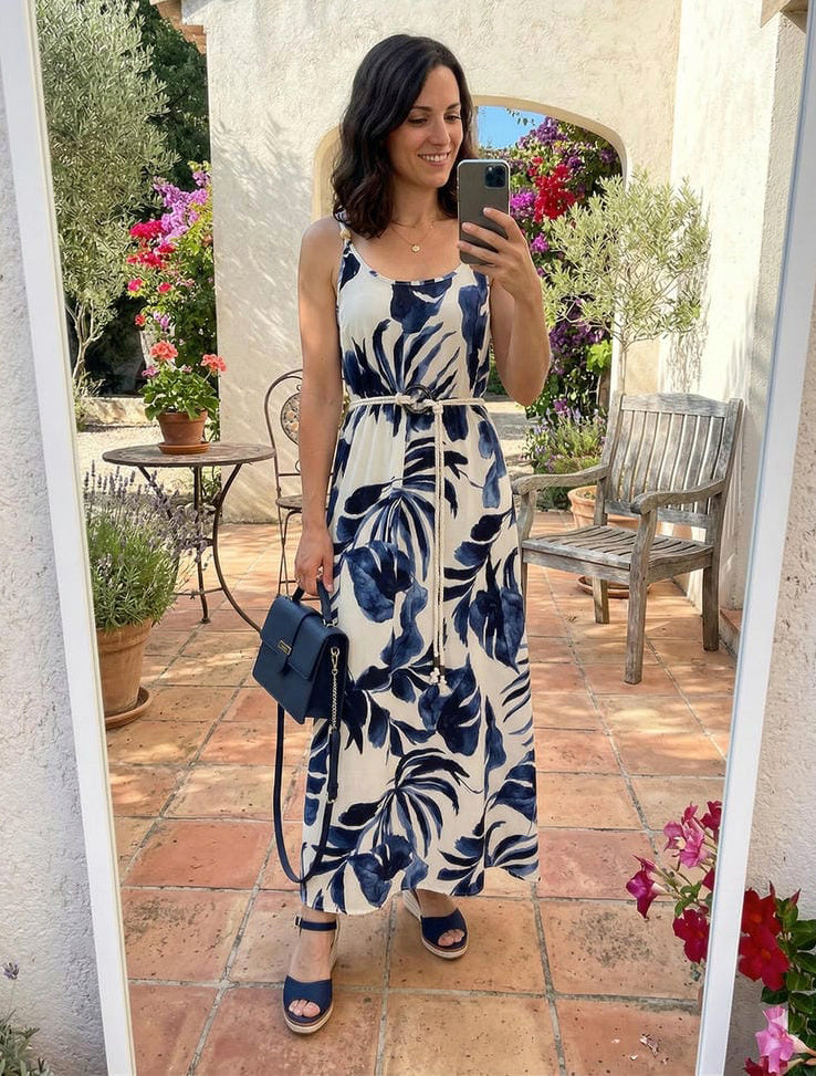 Bladerenprint jurk met koordbandjes - Marine