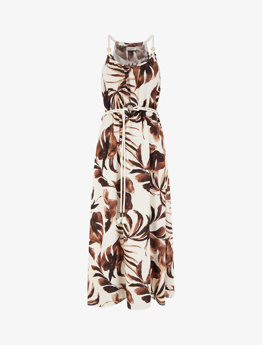 Robe imprimé feuilles à bretelles en cordelettes - Marron - 1