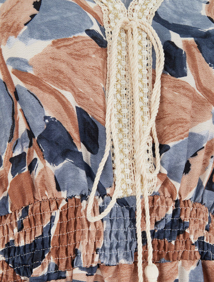 Robe à imprimé stylisé et col en crochet - Marine - 3