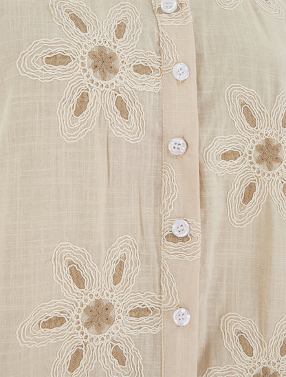 Blouse sans manches à broderies fleuries - Beige - 3