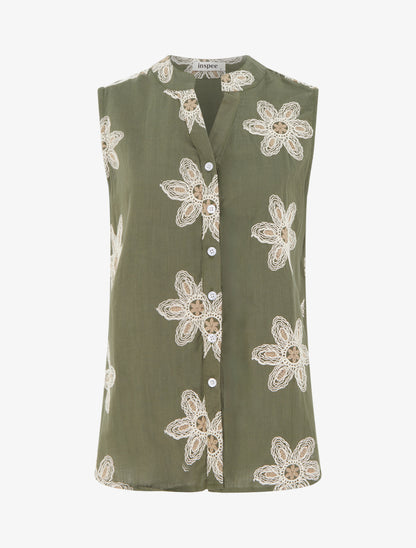 Blouse sans manches à broderies fleuries - Kaki - 1