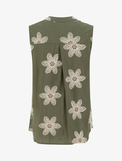 Blouse sans manches à broderies fleuries - Kaki - 2
