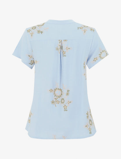 Blouse manches courtes à broderies fleuries - Bleu ciel - 2