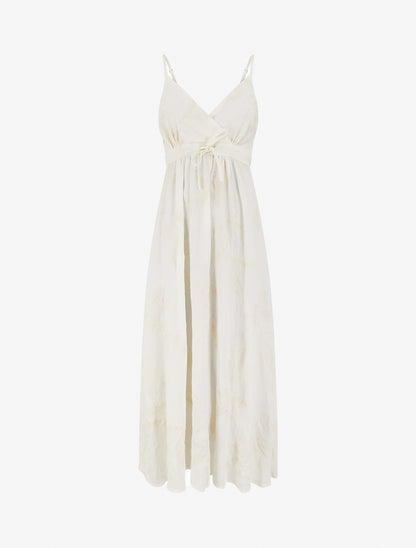 Robe longue empire à broderies feuilles stylisées - Blanc - 1