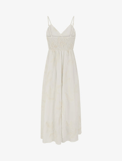 Robe longue empire à broderies feuilles stylisées - Blanc - 2
