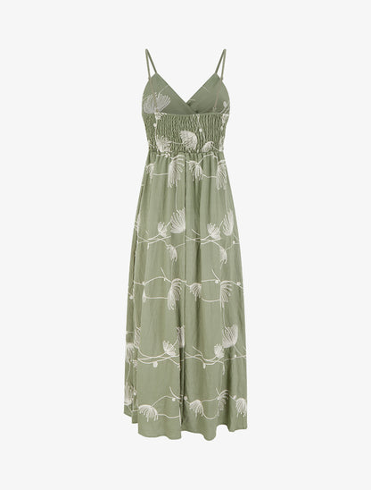 Robe longue empire à broderies végétales - Kaki - 2