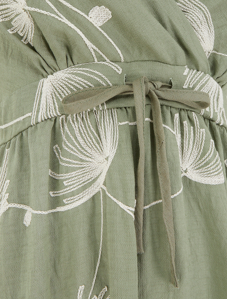 Robe longue empire à broderies végétales - Kaki - 3