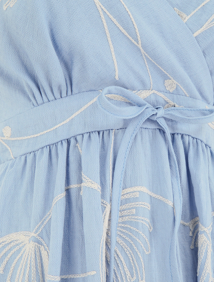 Robe longue empire à broderies végétales - Bleu ciel - 3