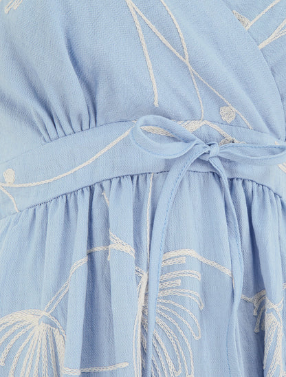 Robe longue empire à broderies végétales - Bleu ciel - 3