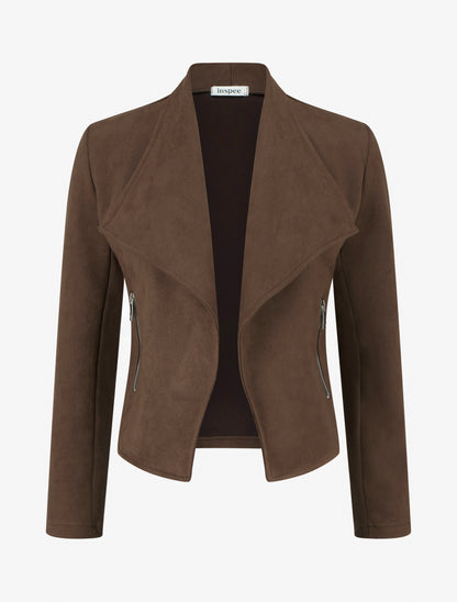 Suède jasje met decoratieve ritszakken - Bruin