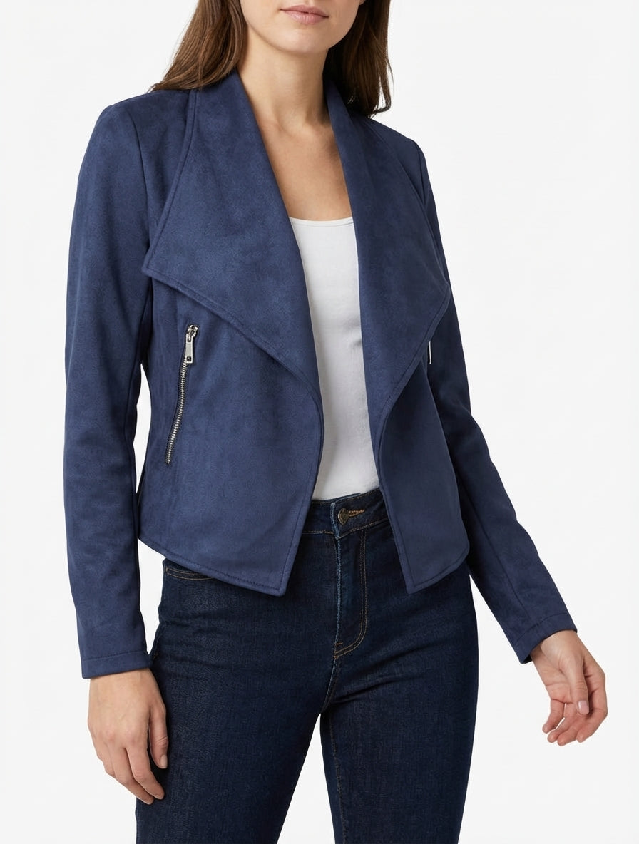 Suède jasje met sjaalkraag - Marine